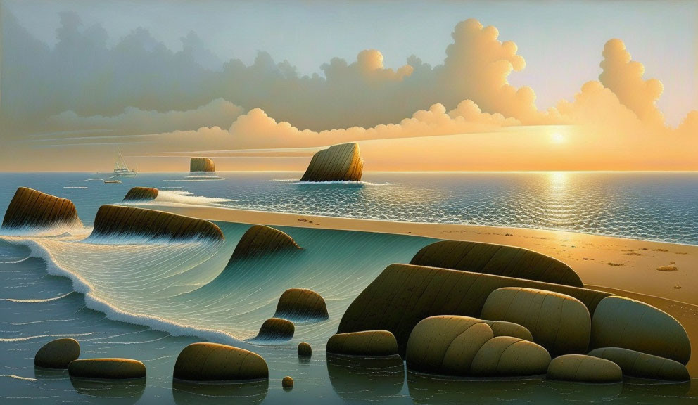 Tranquil seascape with smooth stones, gentle waves, sunset horizon, fluffy clouds