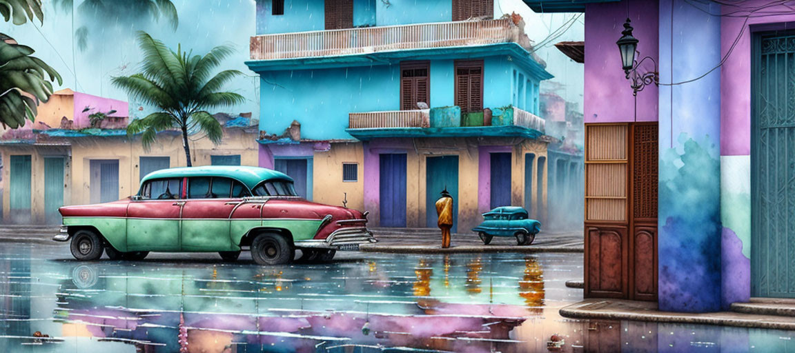 Classic cars and colorful old town scene with reflections in puddles and person holding umbrella