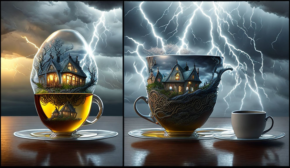 Digital art montage: Cozy houses in egg, teacup under stormy sky
