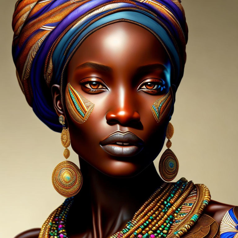 Vibrant digital artwork of woman with dark skin and colorful head wrap
