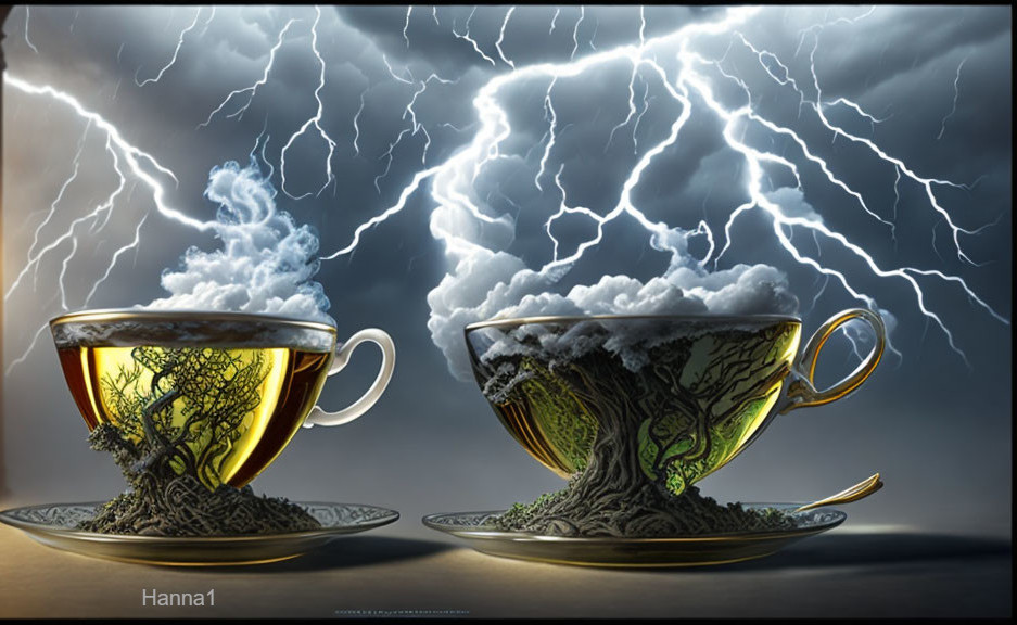Intricate teacups: one with golden liquid and tree, one with storm cloud and lightning
