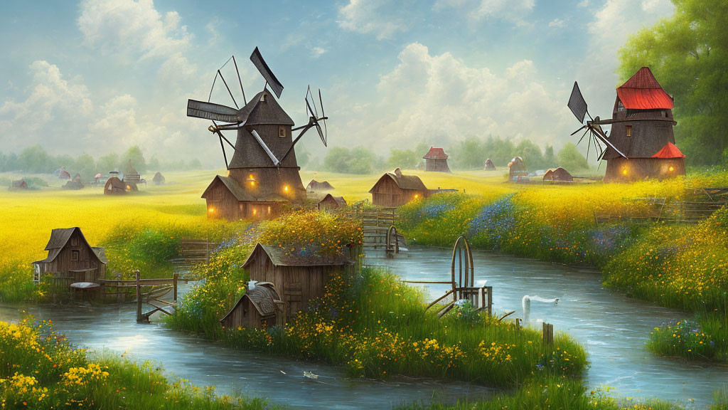 Traditional windmills, wooden bridge, wildflowers, cottages in rural landscape