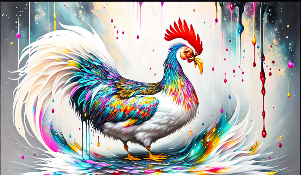 Colorful Rooster Painting on Monochrome Background