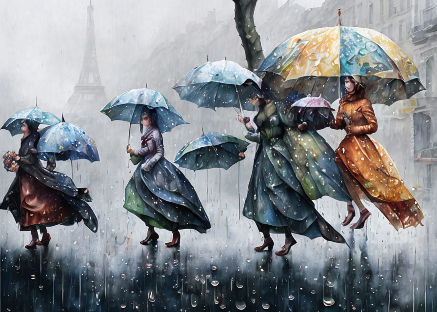 Group of people with umbrellas walking in rain near faint Eiffel Tower