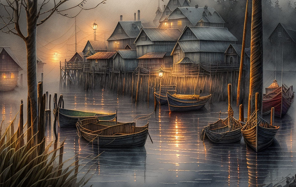 Scenic waterside view: lamps, stilt houses, boats, reflections at dusk or dawn