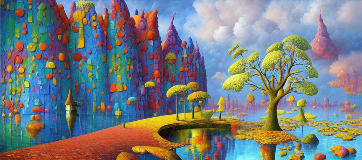 Colorful surreal landscape with winding river and fantastical trees