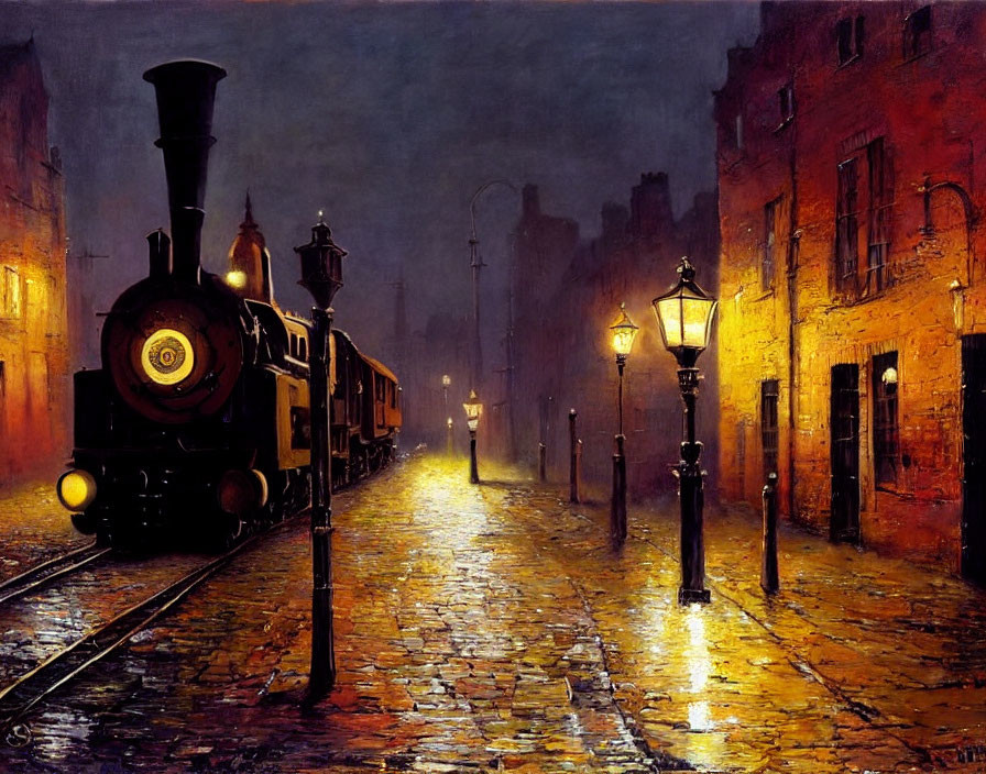 Vintage steam locomotive on wet cobbled street at night with glowing street lamps
