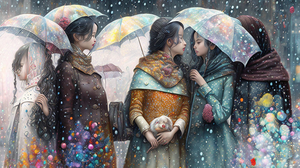 Four women under colorful umbrellas in snowy scene with vibrant orbs.