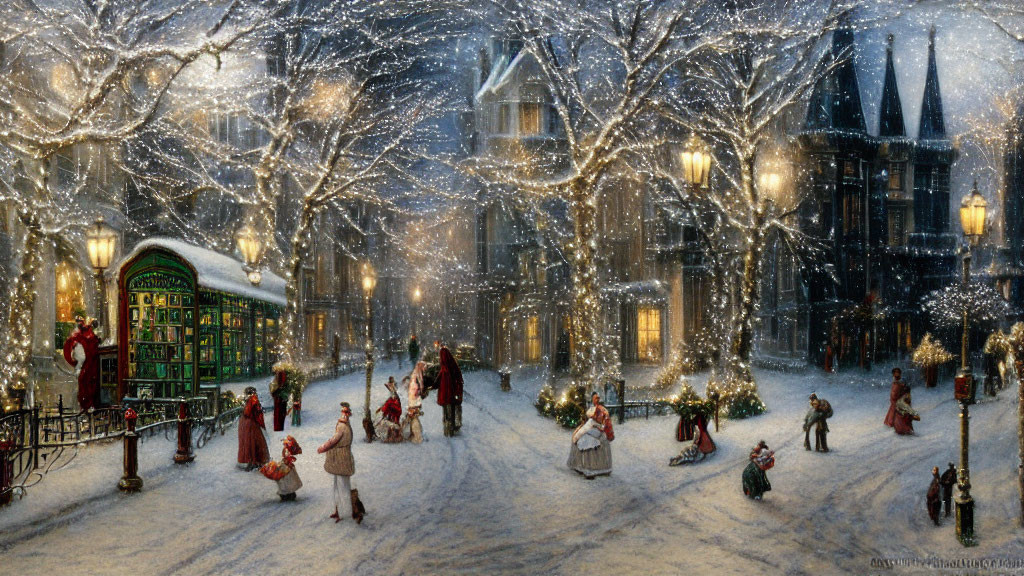 Victorian-themed snowy street with festive decorations and ornate kiosk