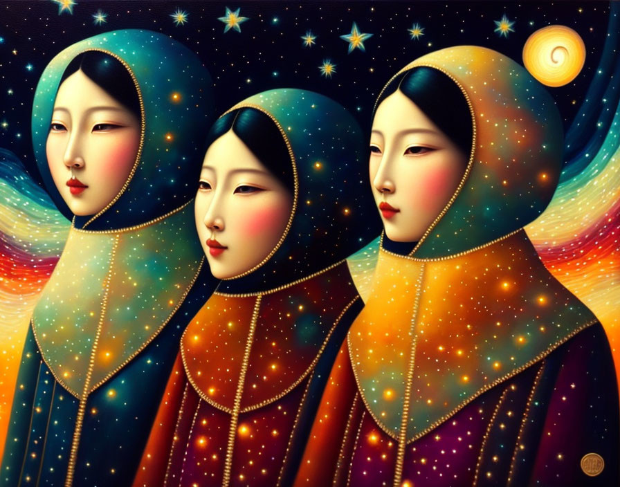 Surreal style artwork featuring three women in starry night garments