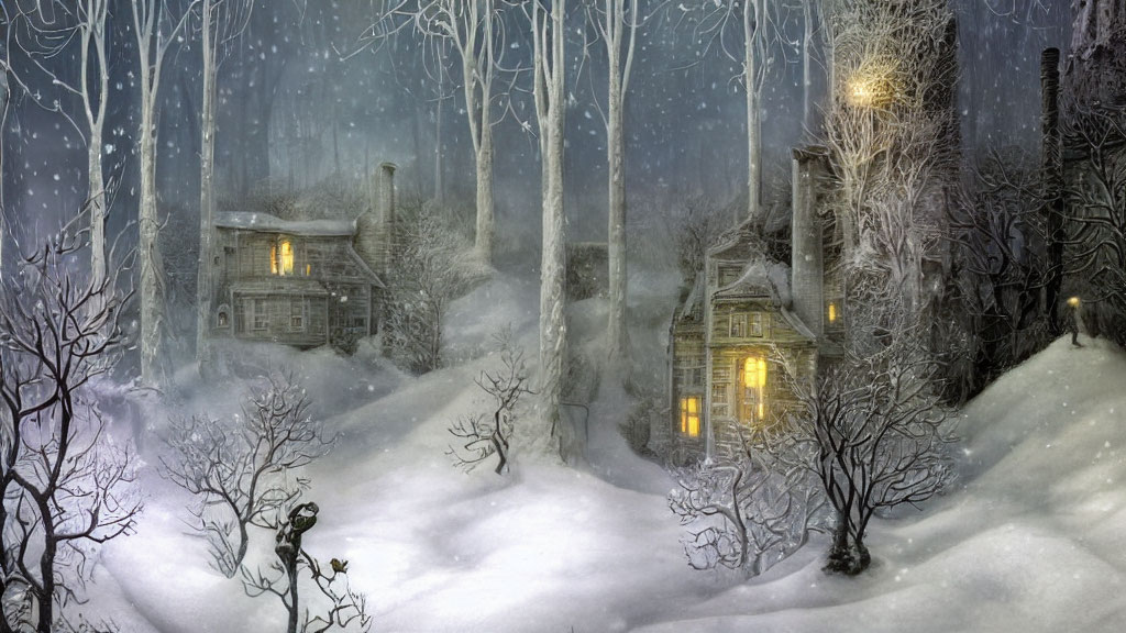 Snow-covered forest scene with cozy illuminated houses in gentle snowfall