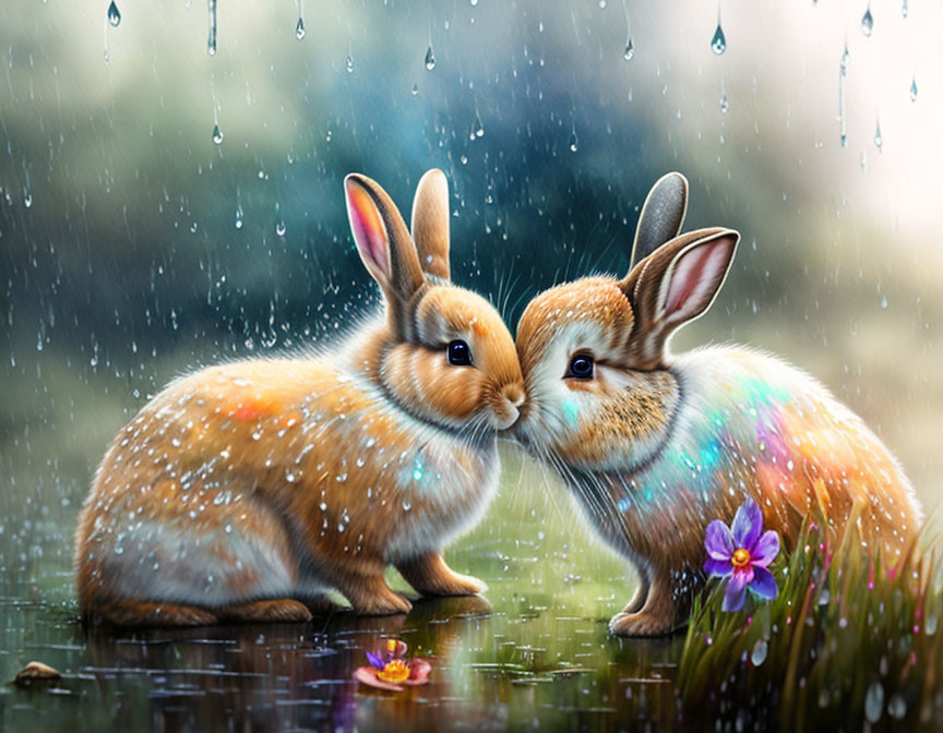 Vibrant speckled fur rabbits in rain shower with water droplets and purple flower.