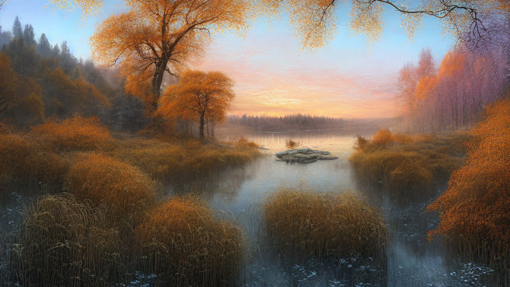 Tranquil autumn sunrise over misty lake with golden trees