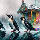 Colorful Penguins Surround Woman with Umbrella on Rainy City Street