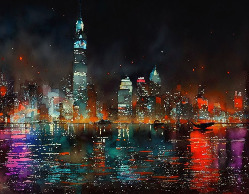 Vibrant impressionistic city skyline painting at night with boat silhouette