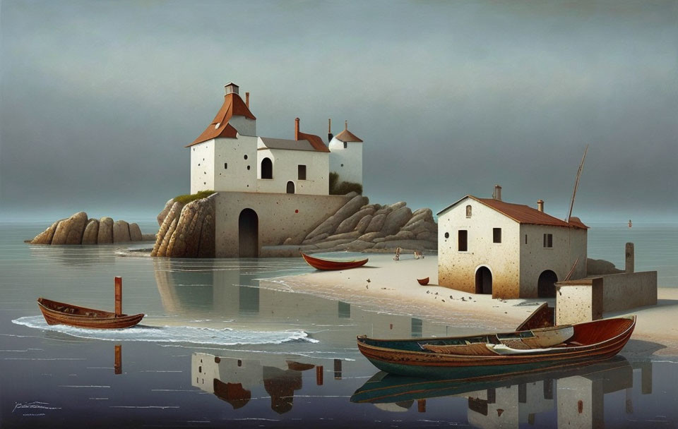 Tranquil coastal landscape with stone fortress, white house, boats, and moody sky