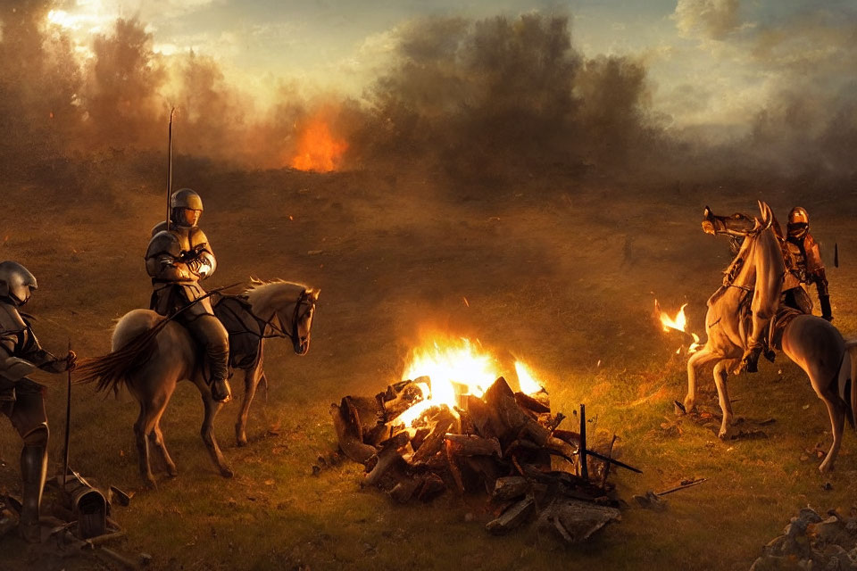 Medieval knights on horseback in a smoky battlefield scene