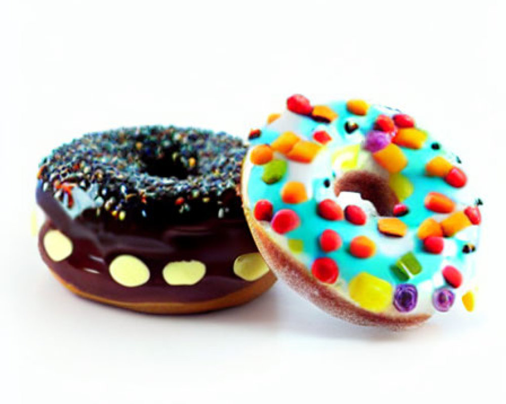 Colorful Sprinkled Donuts with Chocolate Coating on White Background
