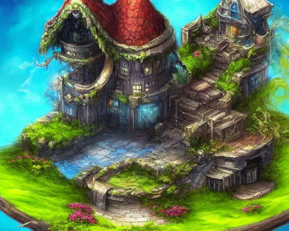 Whimsical floating island with lush greenery and red-roofed towers