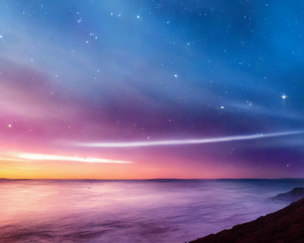 Twilight sky with stars over tranquil ocean on rocky coastline