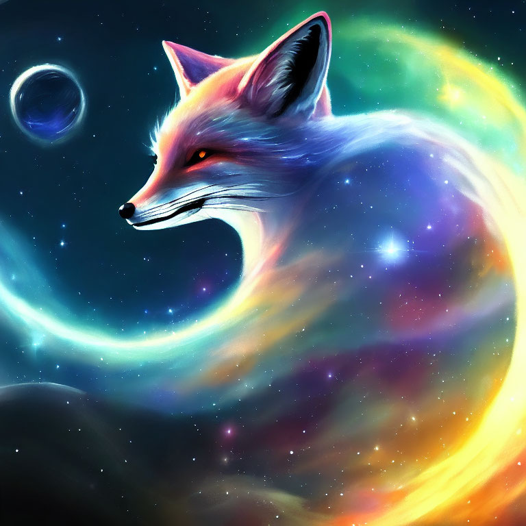 Colorful Celestial Fox Artwork with Cosmic Background