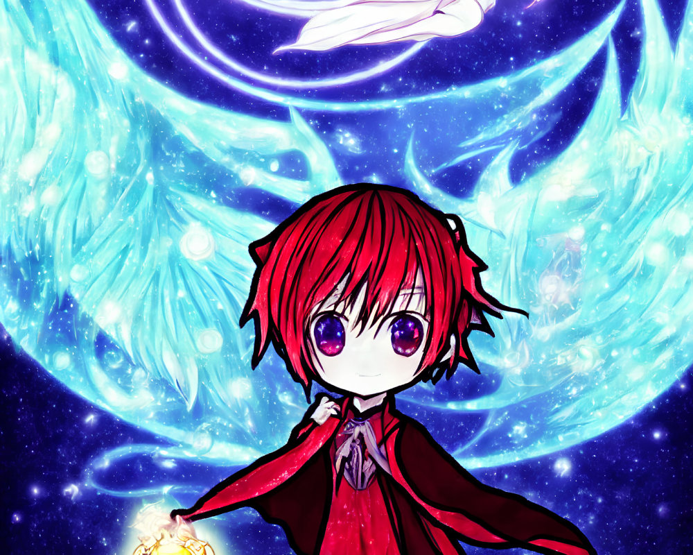 Chibi character with red hair and purple eyes holding glowing orb in digital illustration