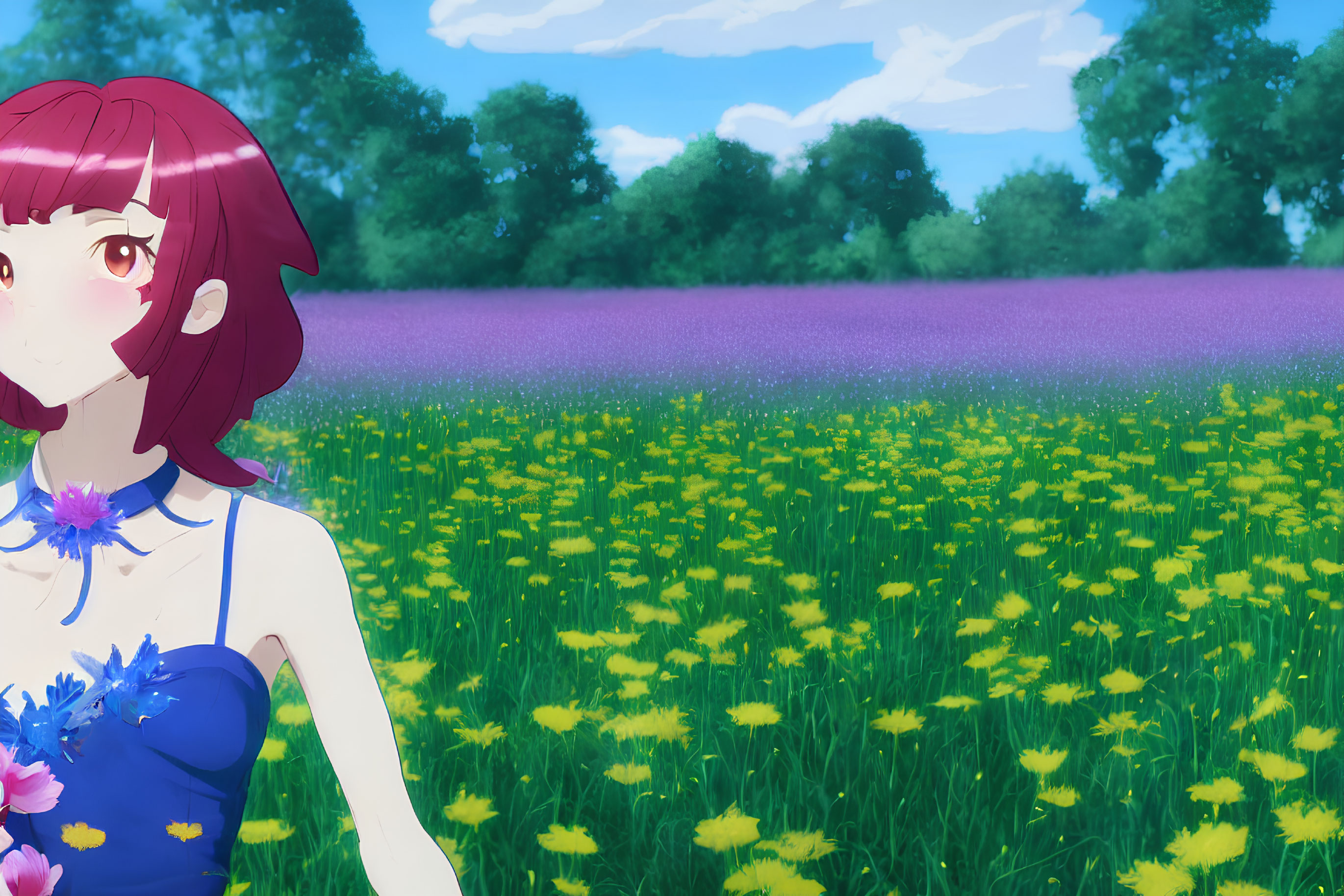 Purple-haired anime girl in blue floral dress surrounded by yellow flowers, lavender field, and blue sky.