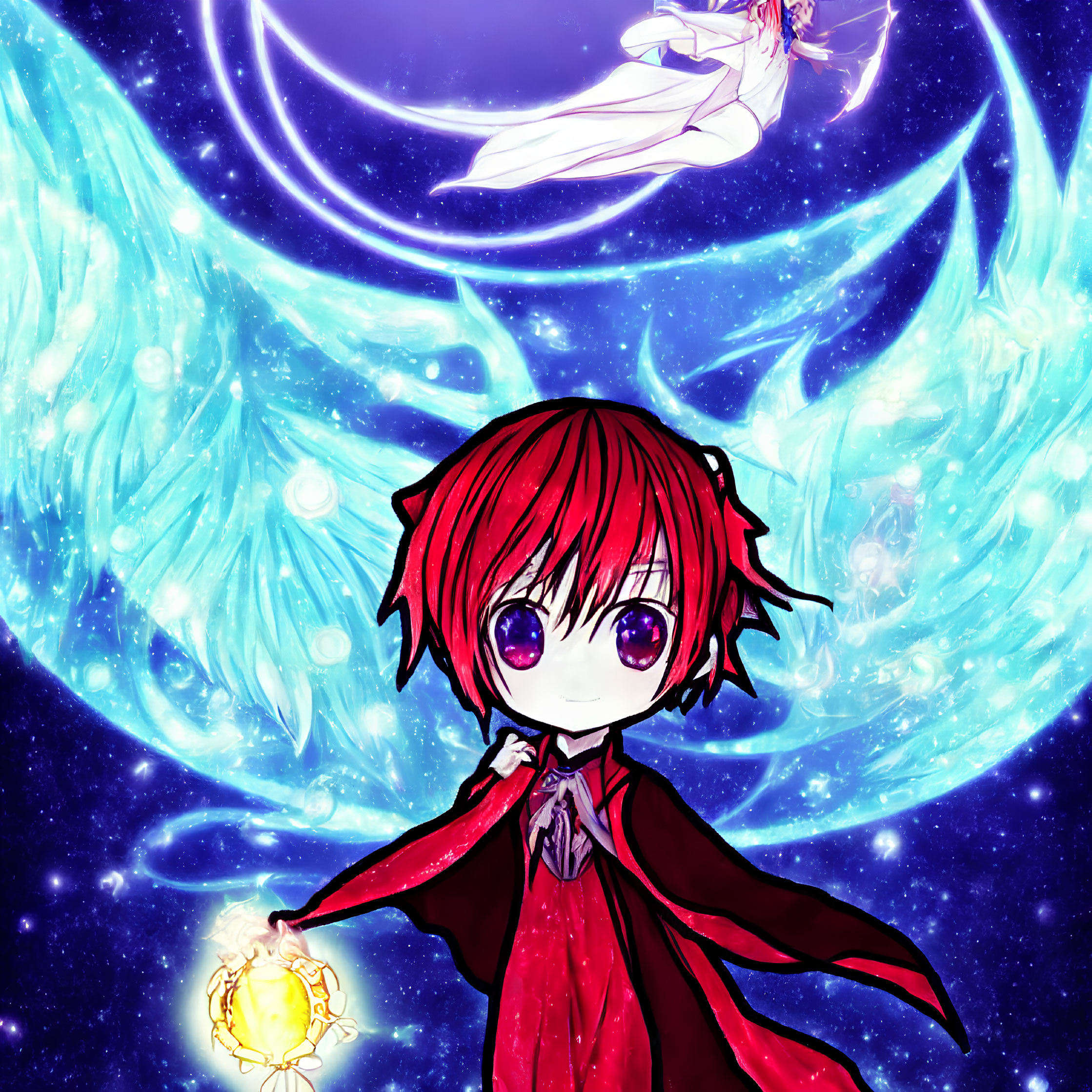 Chibi character with red hair and purple eyes holding glowing orb in digital illustration