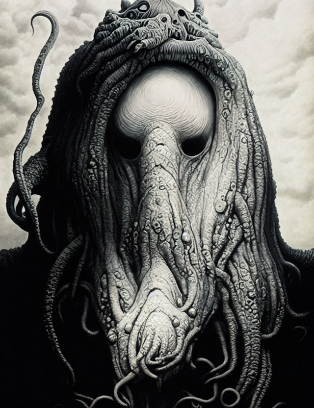 Illustration of eerie creature with octopus-like head and white eyes on cloudy background