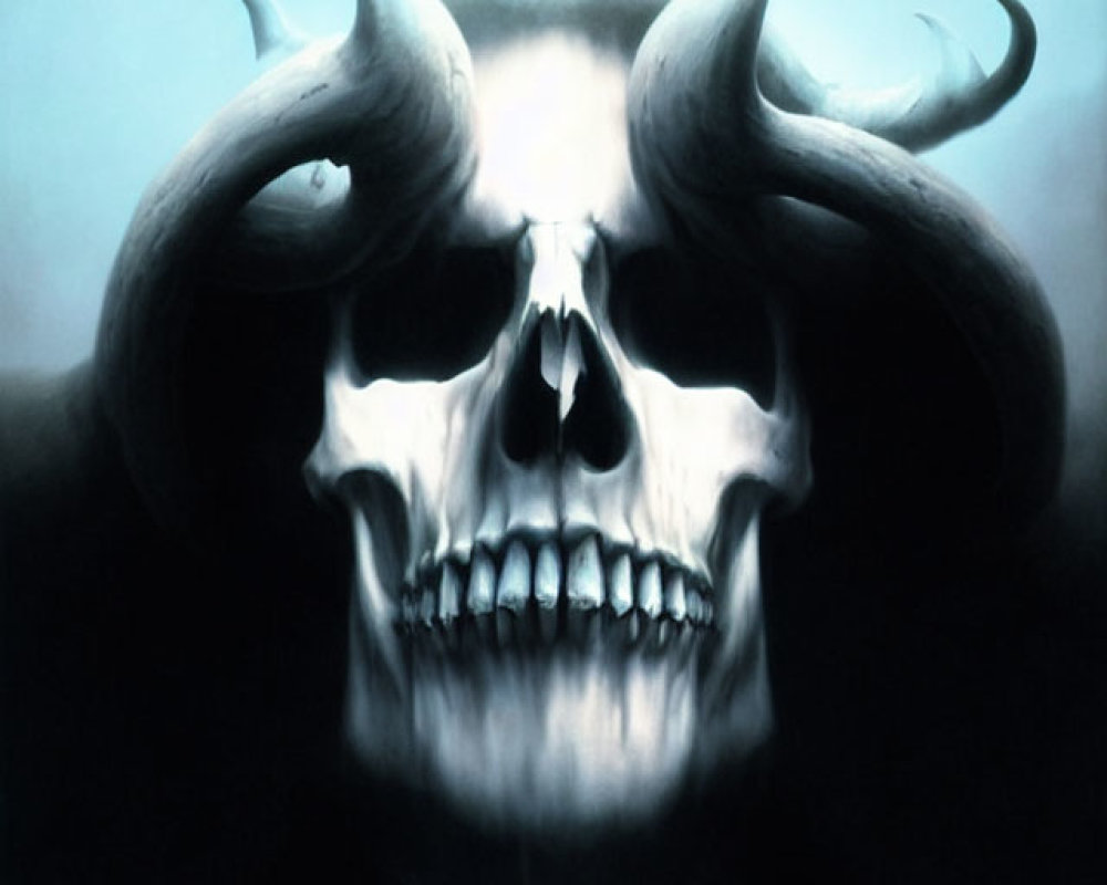 Skull with Large Twisting Horns on Dark Blue Background