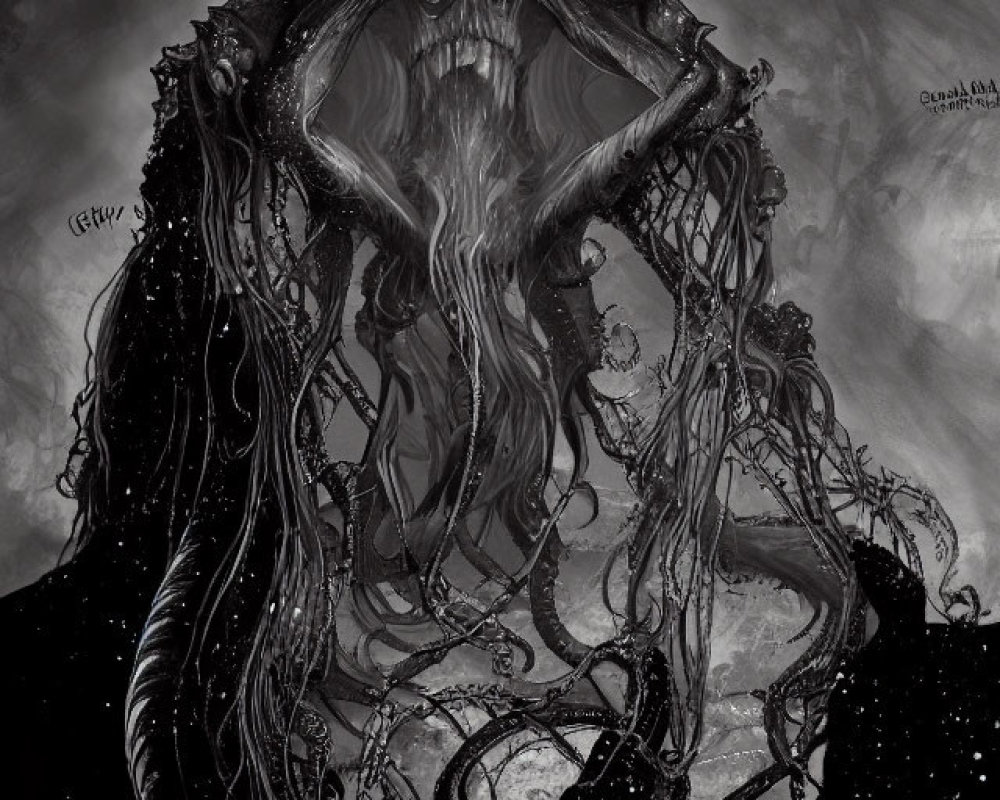 Monochrome image of sinister Cthulhu-like creature with tentacles and large eyes