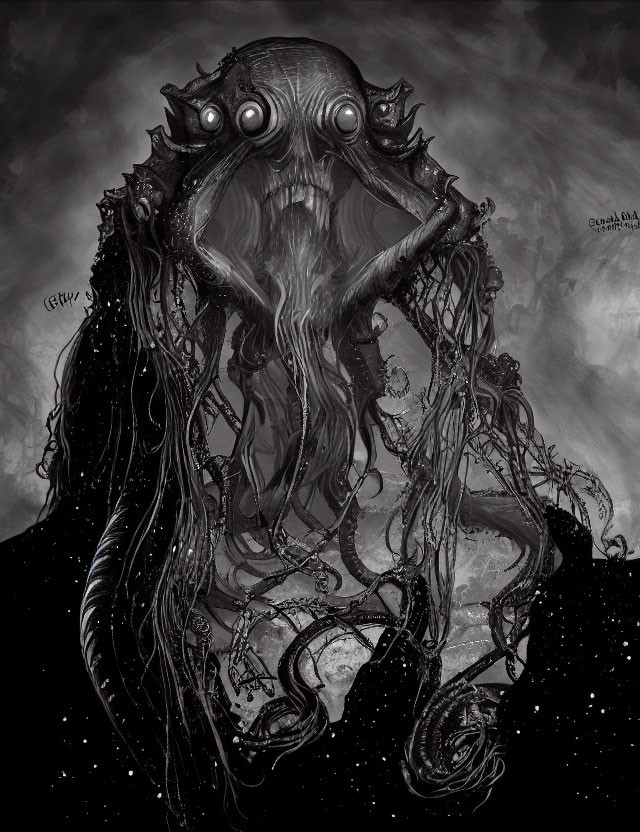 Monochrome image of sinister Cthulhu-like creature with tentacles and large eyes
