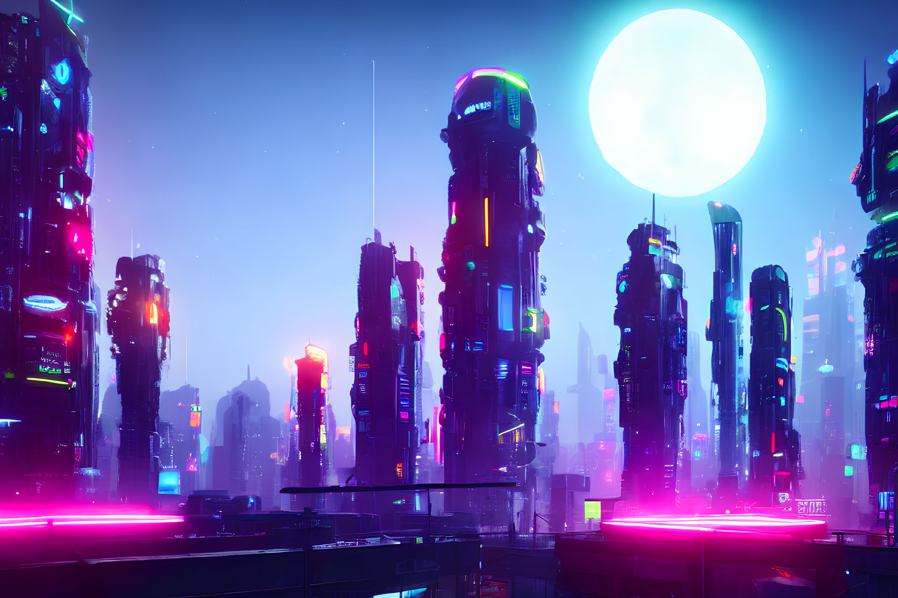 Futuristic neon-lit cityscape with towering skyscrapers at night