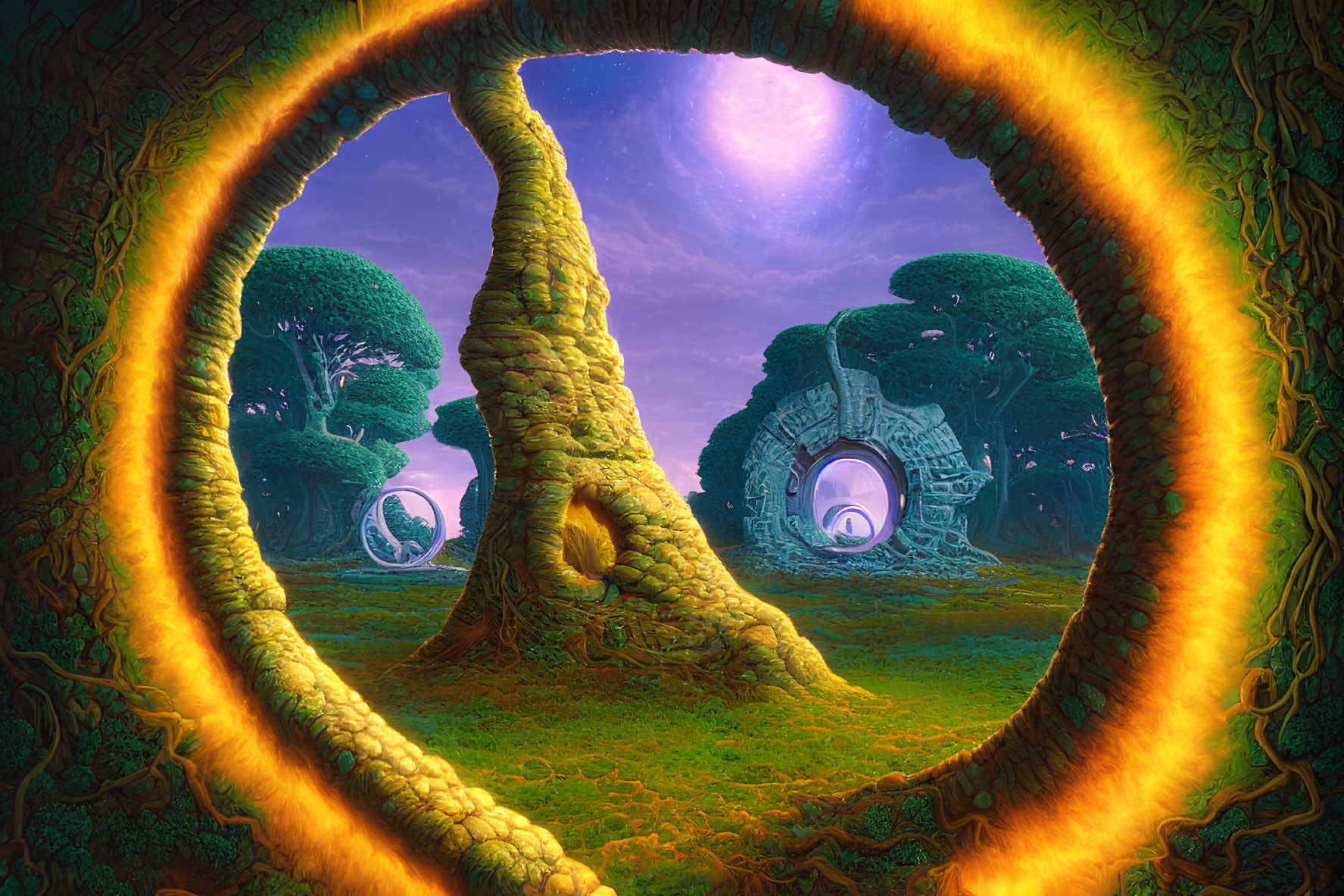 Fantastical Landscape with Spiraled Tree and Portals in Dreamlike Setting