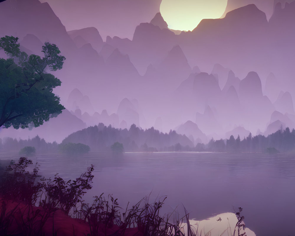 Tranquil purple landscape with misty lake, setting sun, and tree