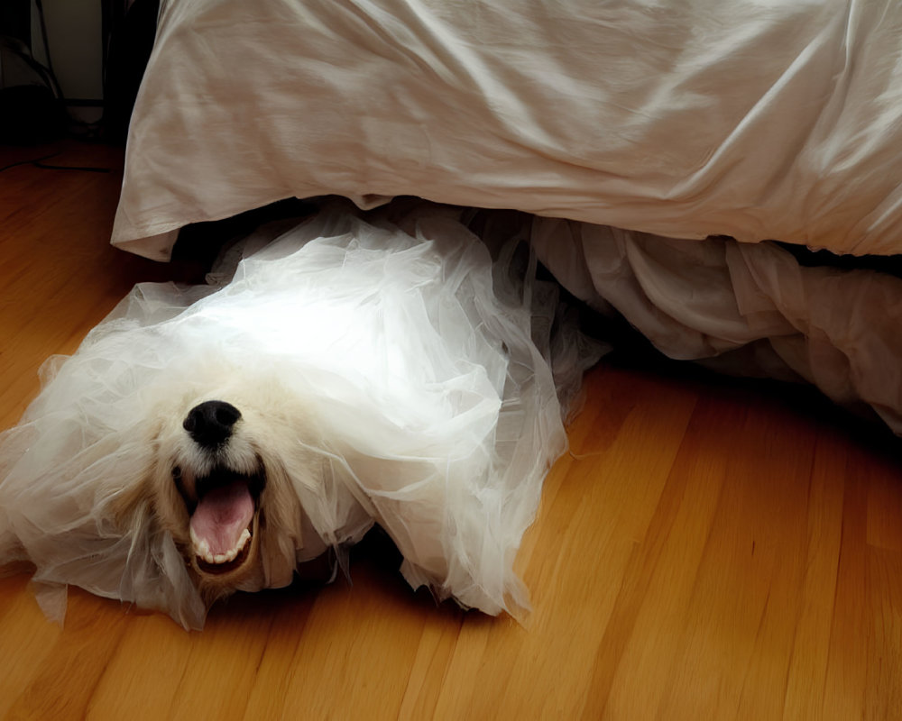 Dog peeking under bed with fabric veil on wooden floor