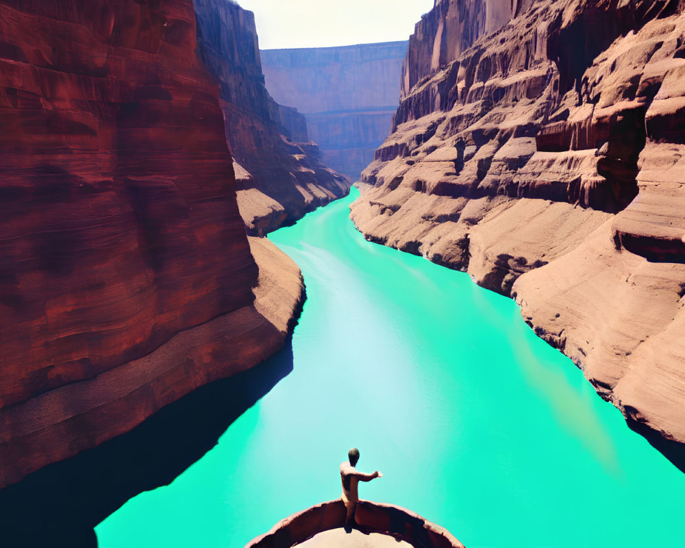 Person practicing yoga on circular platform above turquoise river in red canyon under blue sky