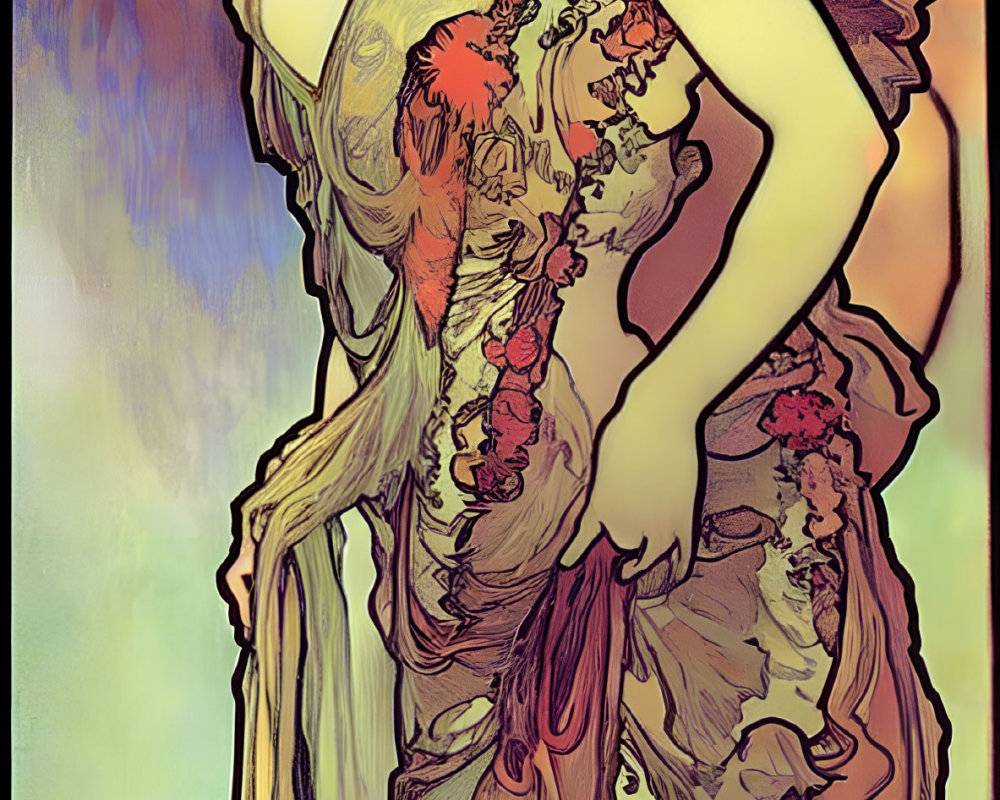 Illustration of woman in ornate Art Nouveau dress on gradient background
