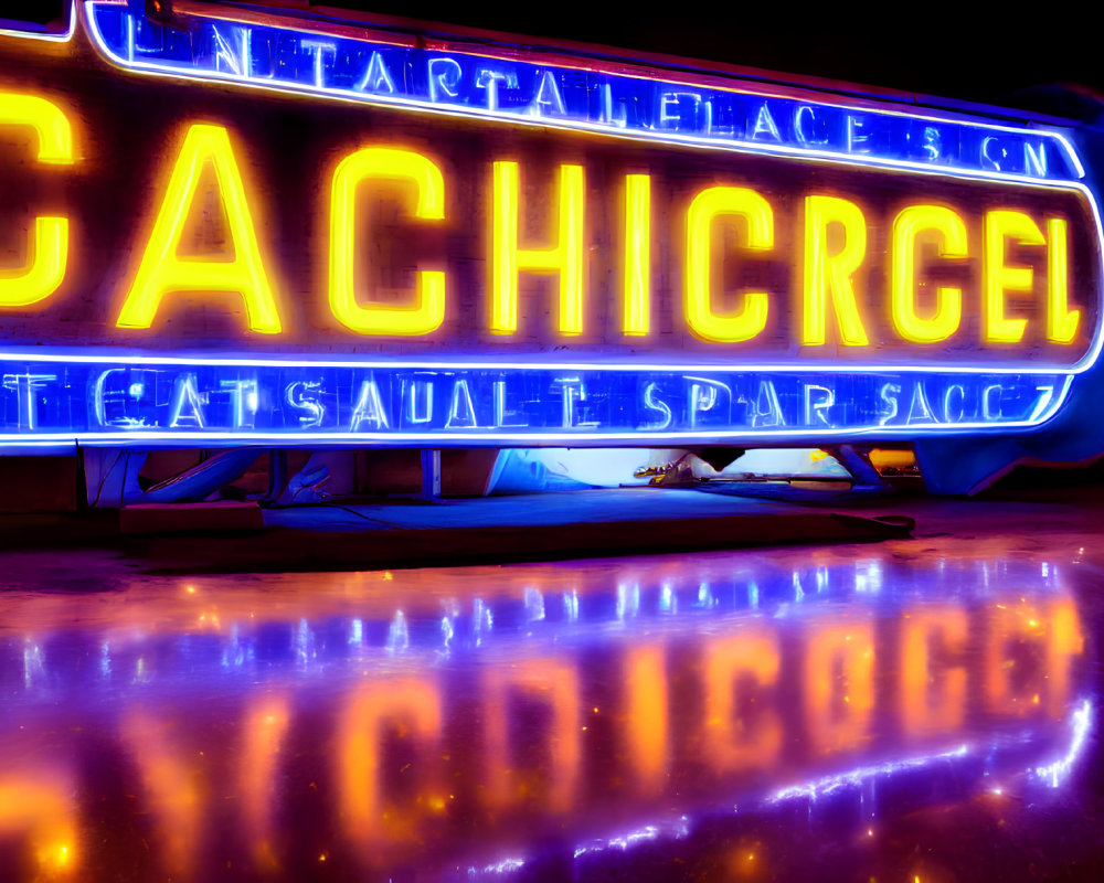 Colorful neon sign "CACHICOCHEL" reflected on wet surface at night