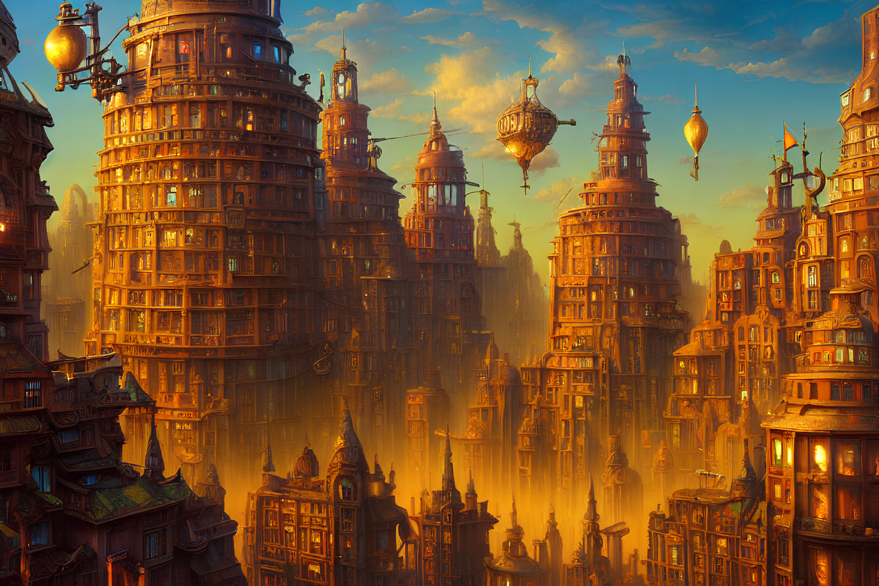 Steampunk-style cityscape with airships at sunset