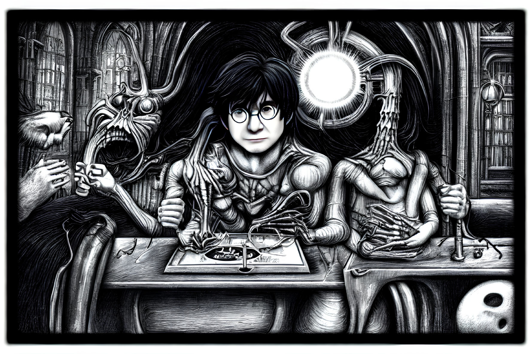 Boy with glasses writing in a book surrounded by magical creatures in dark, eerie room