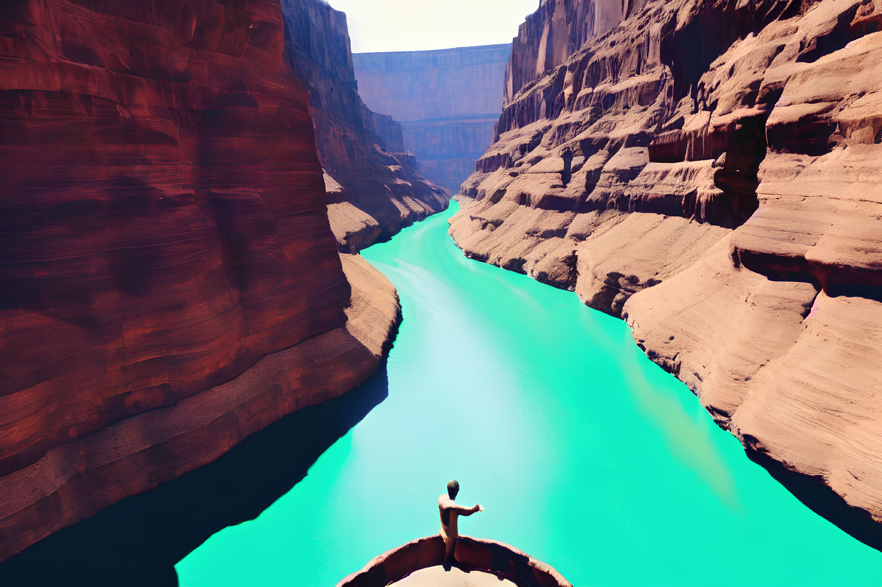 Person practicing yoga on circular platform above turquoise river in red canyon under blue sky