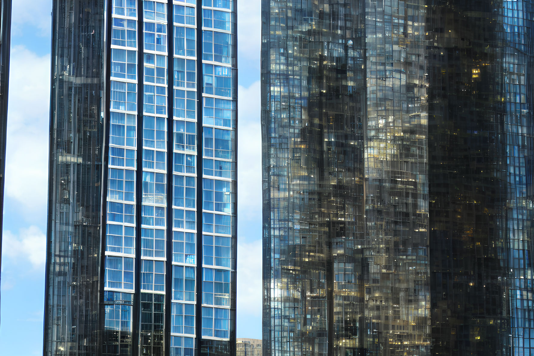 Contrasting skyscrapers with reflective glass facades