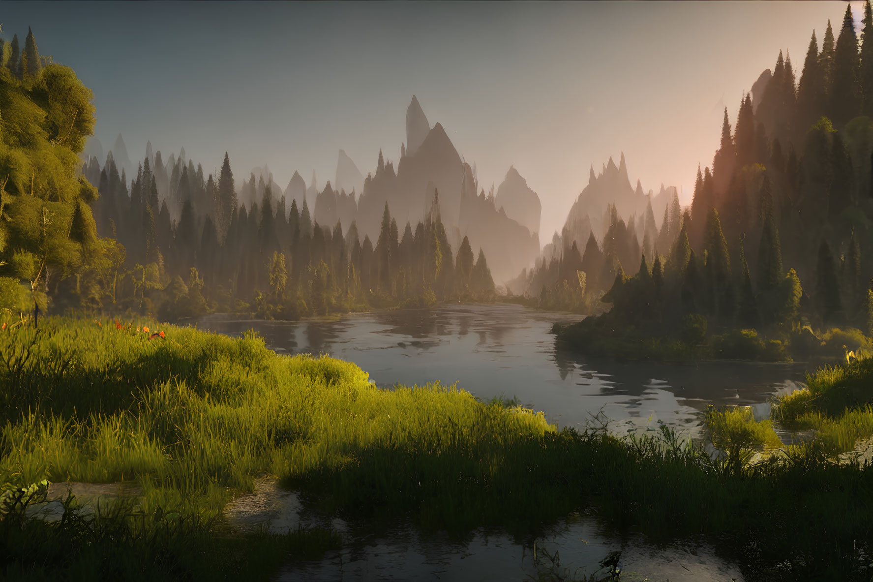 Tranquil River Landscape with Forests and Mountains at Sunrise