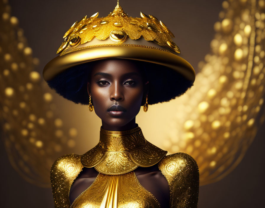 Striking Woman in Golden Helmet and Armor with Orbs