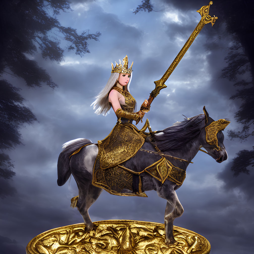 Regal queen in golden armor on horse with spear under dramatic sky