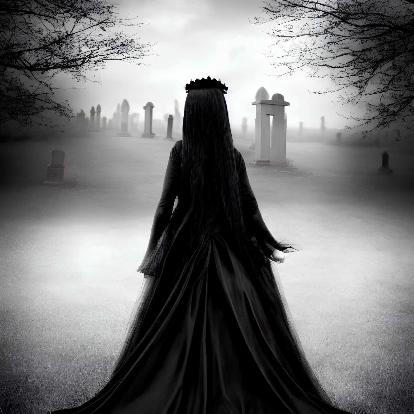 Woman in black dress with crown in misty graveyard scene