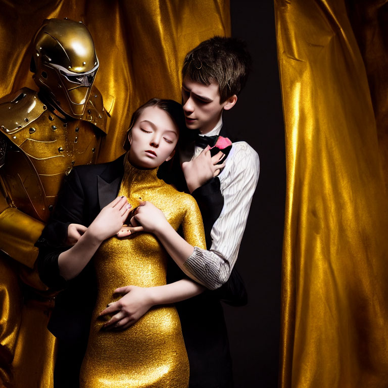 Stylized photo featuring woman in gold dress, man in suit, and knight's armor against gold