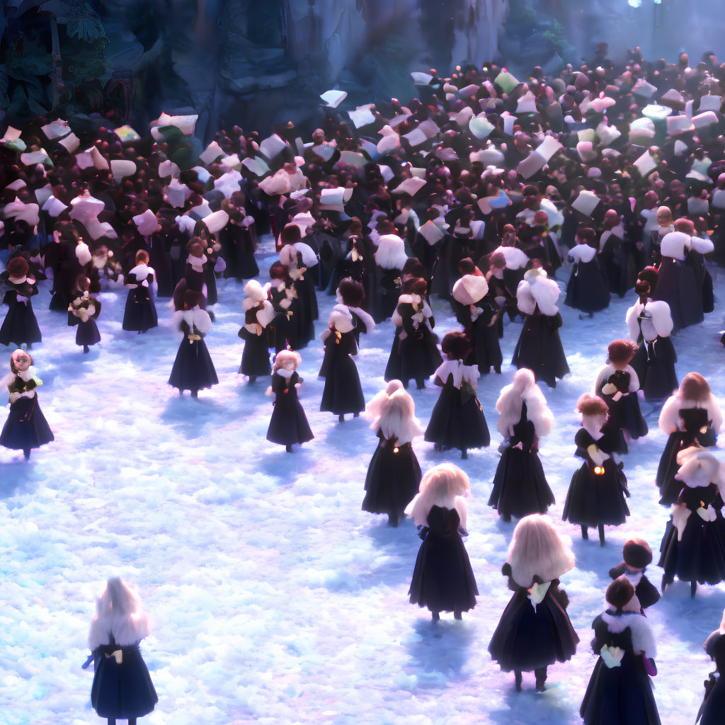 Animated characters in black cloaks with white fur trim gather in snowy scene