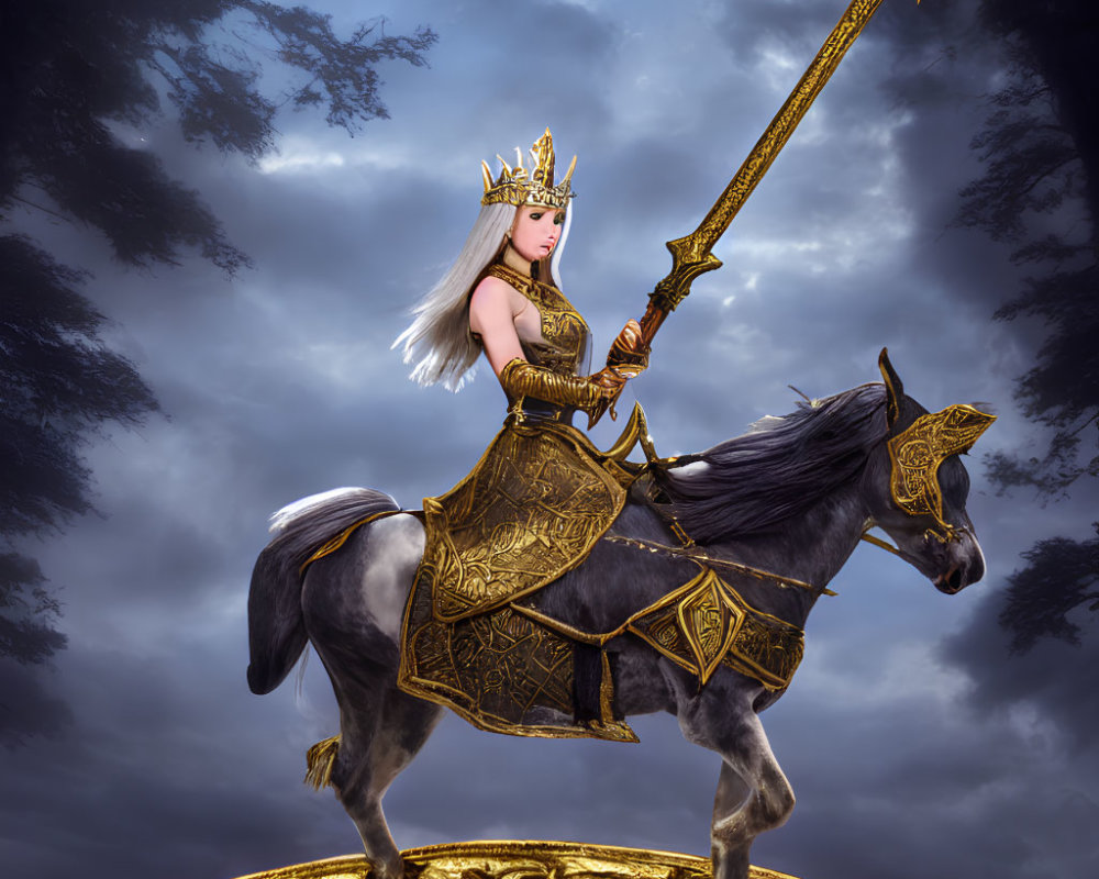 Regal queen in golden armor on horse with spear under dramatic sky